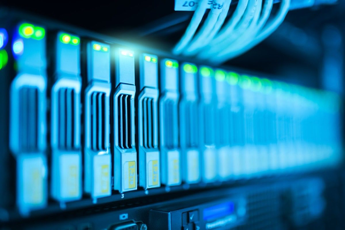 Close-up of network equipment and cabling in a server rack